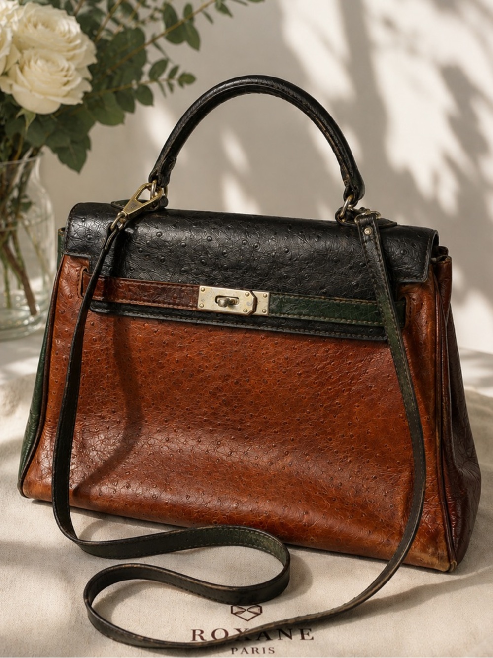 Vintage Roxane Paris Ostrich Embossed Exotic Genuine Leather Kelly Style Handbag